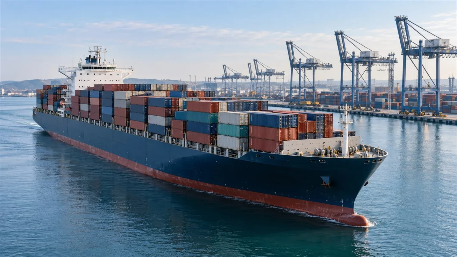 Buque portacontenedores navegando junto a una terminal de carga con grúas.